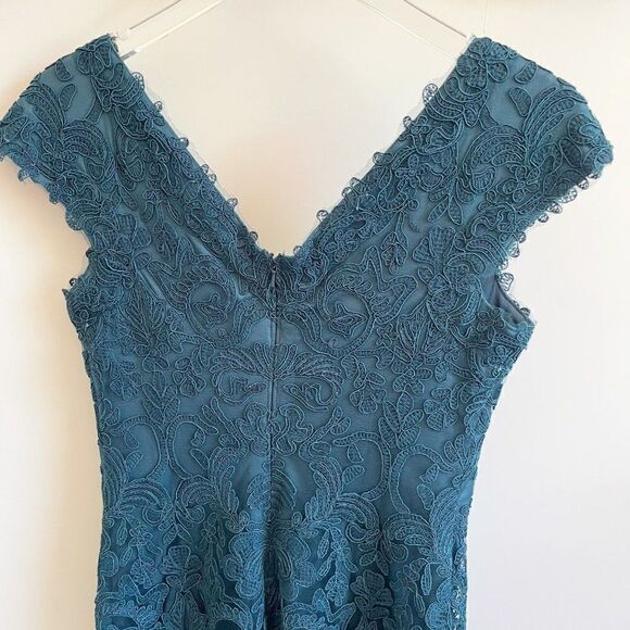 Tadashi Teal Off Shoulder Midi Dress Body Con Cocktail Evening Size 4 - Picture 3 of 8